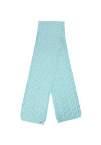 Szalik z grubym splotem w jasnoniebieskim kolorze, z fakturowanym wzorem, miękkiego materiału i ściągaczowymi brzegami, odpowiedni na zimę.