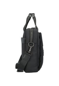 Sac à bandoulière en nylon noir avec fermeture éclair, sangle ajustable et surface texturée. Il dispose de quincaillerie en métal et d'une poche latérale. Forme rectangulaire.