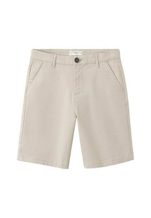 Béžové neformálne šortky po kolená s prednými vreckami, pútkami na opasok a zapínaním na gombík.
