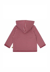 Gestreepte hoodie in bordeaux en crème, met een zachte textuur, lange mouwen en een buidelzak.