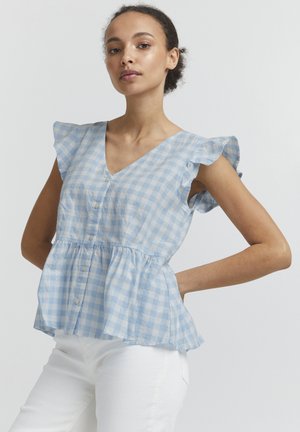Blusa a quadri blu chiaro con scollatura a V e dettaglio dei bottoni, con maniche corte arricciate e orlo a peplo. Tessuto di cotone, design informale.