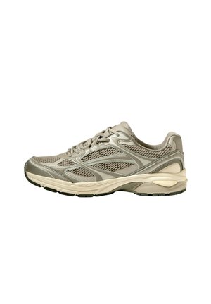 Beige and grey athletic running shoe with mesh panels, lace-up closure, and cushioned sole shown from the side on a white background.