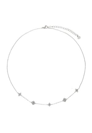 Zilveren halsketting met een verfijnde ketting en vijf decoratieve stervormige accenten, elk versierd met kleine, ronde rhinestones.
