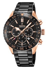 Montre en céramique noire avec un cadran et un bracelet en maillon plaqués or rose. Présente un cadran noir, trois sous-cadrans et une fenêtre de date. Verre saphir.