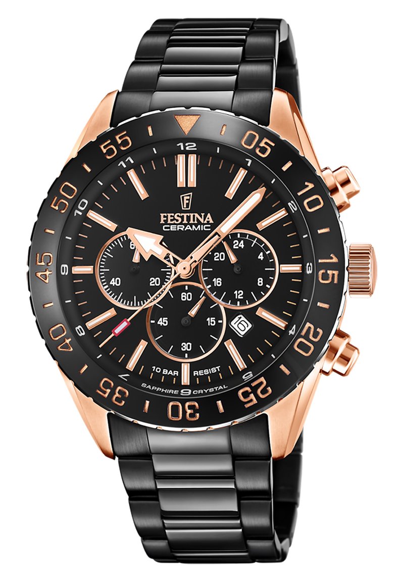 Montre en céramique noire avec un cadran et un bracelet en maillon plaqués or rose. Présente un cadran noir, trois sous-cadrans et une fenêtre de date. Verre saphir.