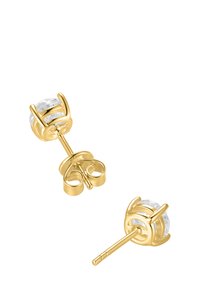 Goldfarbene Steckerohrringe mit einem klaren, runden Kristall, der in einem dekorativen Rahmen mit runden und kantigen Designelementen gefasst ist.