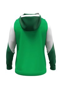 Felpa verde con accenti bianco e verde scuro, dotata di cappuccio, maniche lunghe e una texture liscia e opaca. Senza logo o motivi visibili.