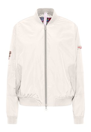 Lichtbeige bomberjack met ritssluiting aan de voorkant, geribde kraag en manchetten, zijzakken en kleine logopatches op de mouwen.