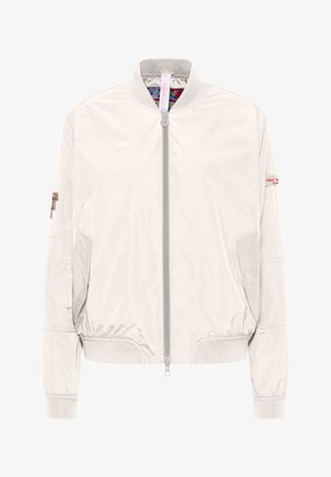 Lichtbeige bomberjack met ritssluiting aan de voorkant, geribde kraag en manchetten, zijzakken en kleine logopatches op de mouwen.