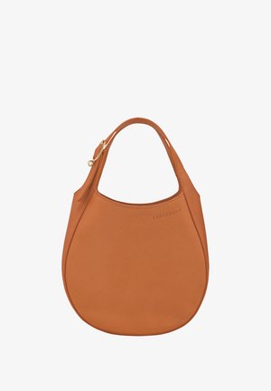 Orange leather handbag with a smooth texture and rounded shape. Features a single handle and subtle branding on the side.