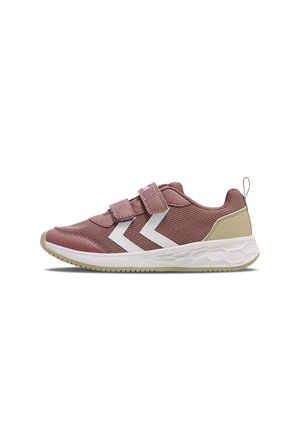 Kindersportschuh in Pink und Beige. Verfügt über ein Obermaterial aus Mesh, Klettverschlüsse, weißes Chevron-Design und eine profilierte Gummisohle.