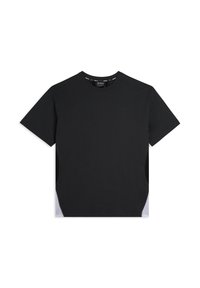 T-shirt in cotone nero con maniche corte, scollatura rotonda e dettagli bianchi a contrasto sui lati. Presenta un branding minimale sul petto.