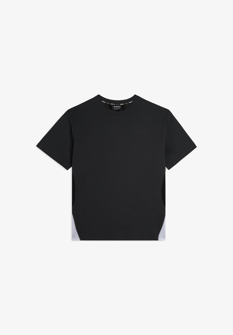 T-shirt in cotone nero con maniche corte, scollatura rotonda e dettagli bianchi a contrasto sui lati. Presenta un branding minimale sul petto.