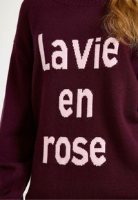 Burgundyröd stickad tröja med texten "La vie en rose" i mjuk rosa. Designen är oversized med rund halsringning och ribbade kanter.