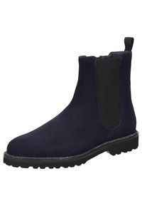 Stivaletto in suede blu navy con pannelli elastici laterali, suola in gomma testurizzata e dettaglio metallico decorativo lungo il bordo della suola.