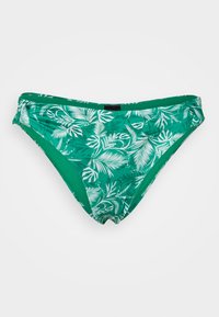 Fundos de bikini verdes com um padrão de folhas tropicais brancas. Feitos de um material suave e elástico, com uma subida moderada e um design ajustado.
