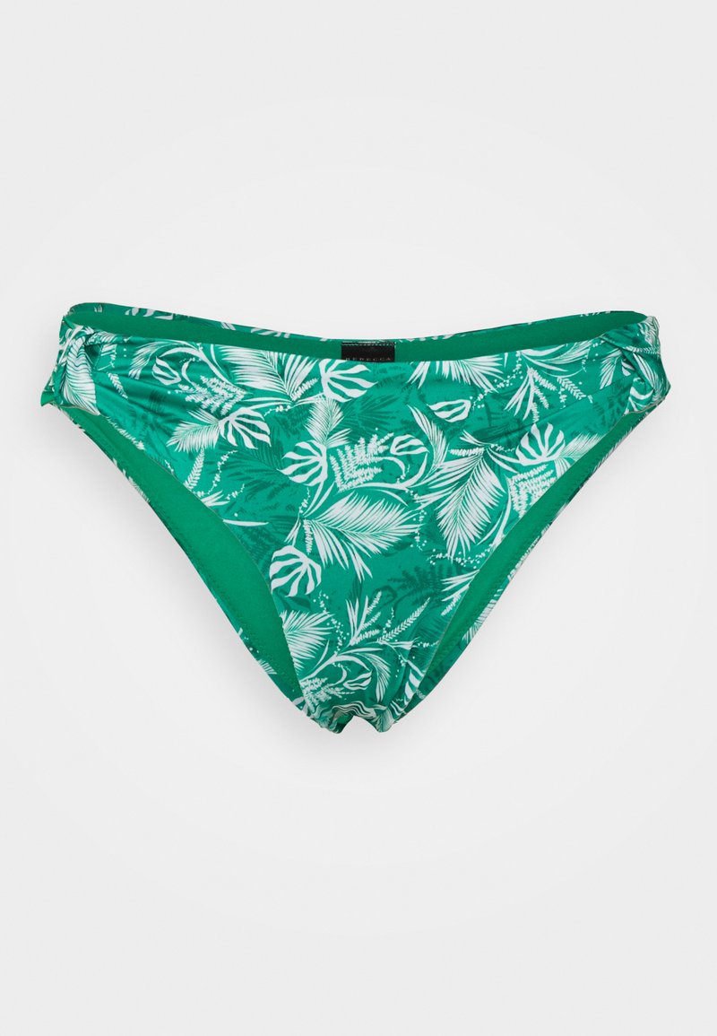 Fundos de bikini verdes com um padrão de folhas tropicais brancas. Feitos de um material suave e elástico, com uma subida moderada e um design ajustado.