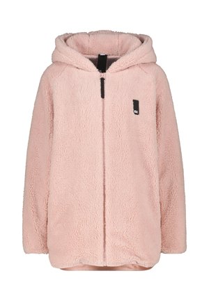 Soft, light pink hooded jacket with full front zipper and small black rectangular patch on the left chest.