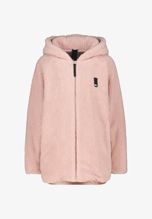 Weiche, hellrosa Kapuzenjacke mit durchgehendem Frontreißverschluss und kleinem schwarzen rechteckigen Aufnäher auf der linken Brust.