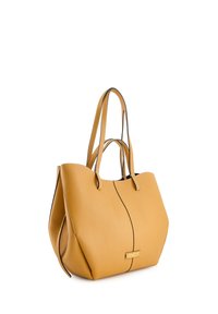 Gelbe Leder-Tote-Tasche mit strukturiertem Finish, doppelten Griffen und kontrastierendem schwarzen Rand. Mit einem Logo-Plakette auf der Vorderseite.