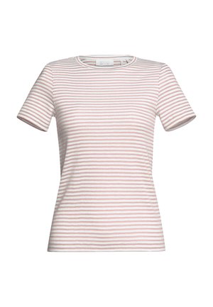 T-shirt a righe con maniche corte, caratterizzato da righe orizzontali rosa e bianche, colletto rotondo e design aderente. Materiale in cotone morbido.