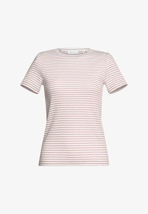 Svītrains T-krekls ar īsām piedurknēm, kurā ir horizontālas rozā un baltas svītras, apaļa kakla izgriezums un pieguļošs dizains. Mīksta kokvilnas materiāls.