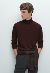 Brun polotröja i mjuk stickad kvalitet, långa ärmar, kombinerad med grå byxor med en knuten mörkbrun bälte, slät textur, figurnära design.