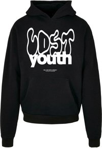 Felpa nera con cappuccio caratterizzata da un audace testo bianco ondulato che recita "LOST youth" e un sottotitolo più piccolo. Include tasca frontale e polsini a coste.