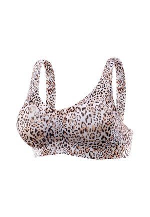 Leopard print bra made of smooth fabric with adjustable thin straps, featuring a seamless design and lightly padded cups for support.