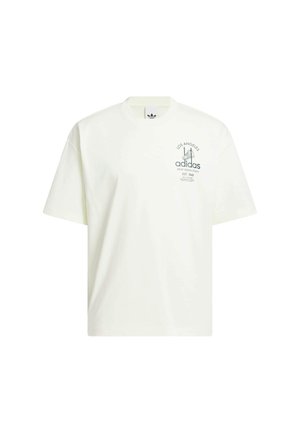 T-shirt bianca in cotone con collo rotondo, maniche corte e stampa grafica con "Adidas" e "Los Angeles" in verde.