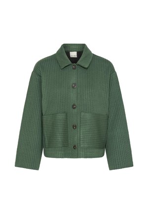 Giacca trapuntata verde con colletto, chiusura a bottoni frontale e due tasche anteriori. Presenta un tessuto testurizzato ed è progettata in una forma quadrata.