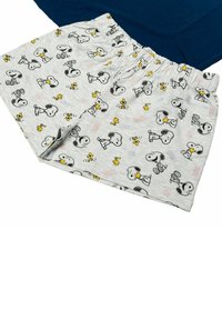 Pantaloni corti grigi con vita elasticizzata caratterizzati da motivi del cartone animato Snoopy e Woodstock, stampati in nero e giallo su uno sfondo grigio.