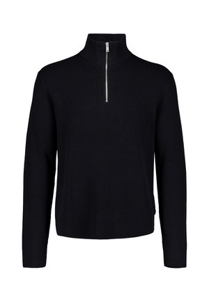 Maglione nero a coste con maniche lunghe, collo alto e corta cerniera frontale, mostrato su sfondo bianco.