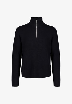 Maglione nero a coste con maniche lunghe, collo alto e corta cerniera frontale, mostrato su sfondo bianco.