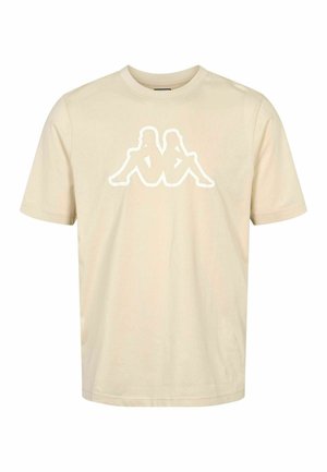 Beige T-shirt med korte ærmer og rund hals, med en hvid grafik af to siddende silhuetter ryg mod ryg på brystet.