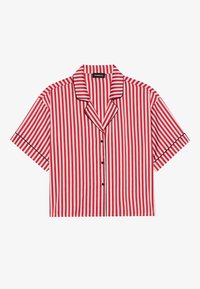 Short-sleeve, cropped shirt with red and white vertical stripes, black button closure, and contrasting collar and sleeve edges. Smooth fabric.