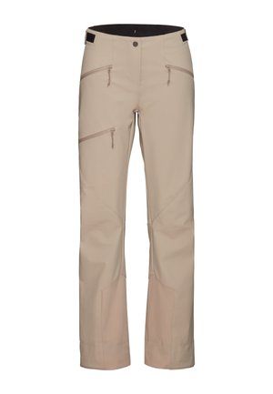 Beige outdoor broek met een slim fit, voorzien van twee voorzakken met rits, zijritsen en verstevigde kniestukken in een gestructureerde stof.