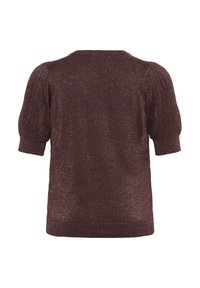 Brown short-sleeve knit top with shimmer thread, featuring puffed sleeves and cuffed ends, shown from the back on a white background.