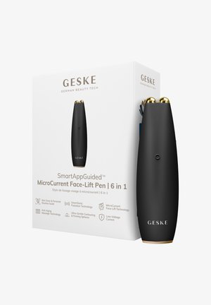 Sort Geske MicroCurrent Face-Lift pen med guld kugler ved siden af dens hvide emballage, der viser produktnavn og funktioner som SmartSonic og lavspændingsstrøm.