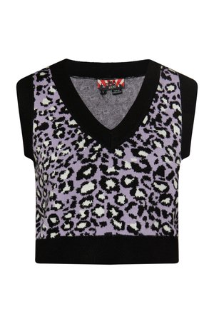 Ärmelloses Strickoberteil mit einem schwarz-lila Leopardenmuster, V-Ausschnitt und einfarbigen schwarzen Säumen am Ausschnitt und Saum.