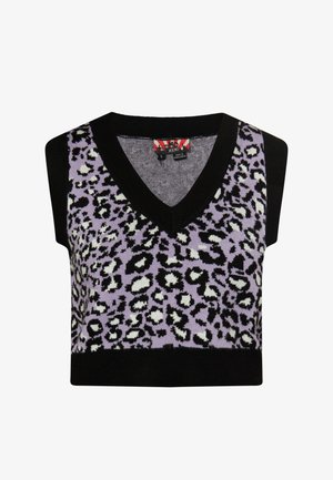 Top tricotat fără mâneci, cu un imprimeu leopard negru și lavandă, design cu decolteu în V, și margini solide negre la gât și la tiv.