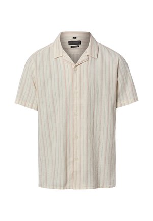 Kurzärmeliges Herrenhemd mit Knopfleiste, hellcremefarbenem Grundstoff und dünnen vertikalen roten Streifen, weitem Kragen, aus einem Baumwoll-Leinen-Gemisch.