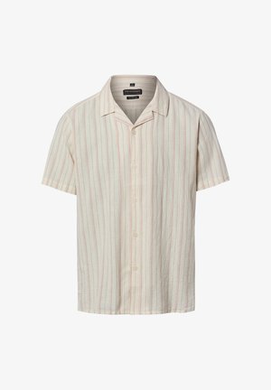 Kurzärmeliges Herrenhemd mit Knopfleiste, hellcremefarbenem Grundstoff und dünnen vertikalen roten Streifen, weitem Kragen, aus einem Baumwoll-Leinen-Gemisch.