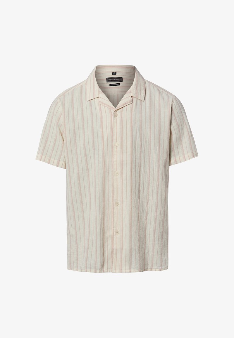 Chemise pour homme à manches courtes, boutonnée, avec une base crème claire et des fines rayures verticales rouges, col à pointes, tissu en mélange coton-lin.