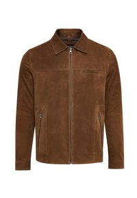 Bruine suède jas met een kraag, een voorste ritsluiting en twee ritszakken aan de zijkant. Heeft een gladde textuur en een getailleerd ontwerp.