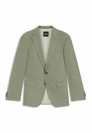 Blazer ajusté vert clair avec revers à notch, deux poches avant à rabat et deux boutons, présenté à plat avec l'étiquette BOSS à l'intérieur.