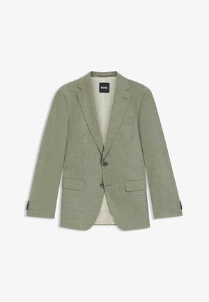 Vaaleanvihreä mittatilaustyönä valmistettu blazer, jossa on kolonlapelti, kaksi etutaskua ja kaksi nappia, esitettynä tasossa BOSS-tunnuksella sisällä.
