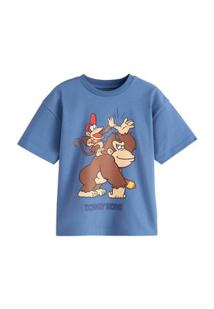 Blå T-shirt med Donkey Kong, der giver Diddy Kong high five, og teksten Donkey Kong trykt under figurerne.