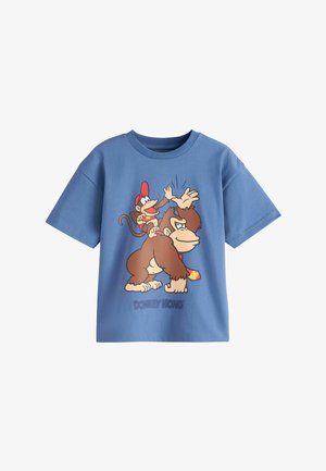 Blå T-shirt med Donkey Kong, der giver Diddy Kong high five, og teksten Donkey Kong trykt under figurerne.