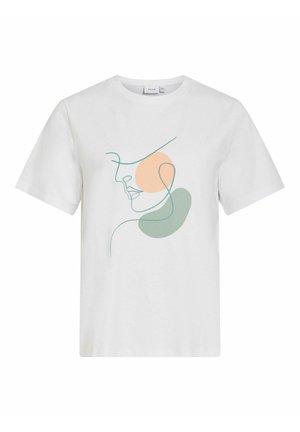 Bílé tričko s krátkým rukávem s minimalistickým abstraktním liniovým uměním obličeje a dvěma barevnými tvary v broskvové a zelené barvě na přední straně.